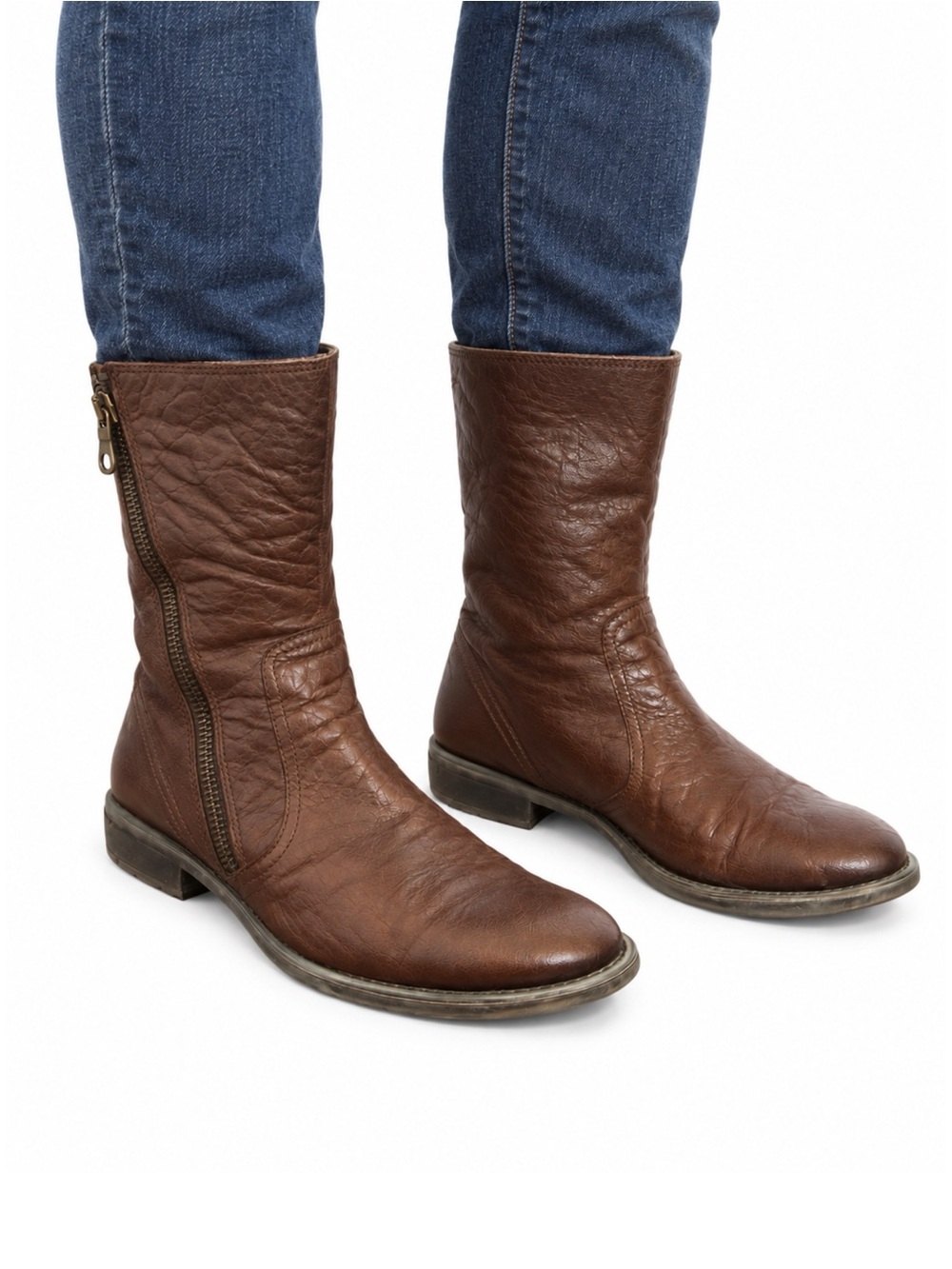 Size 11 (EU 44) Geox Men’s Brown Leather Side-Zip Mid-Calf Boots